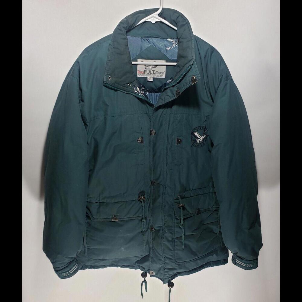 VTG Mens Triple FAT Goose 90s Green Puffer Full Zip‎ Duck Down Jacket Size 1X